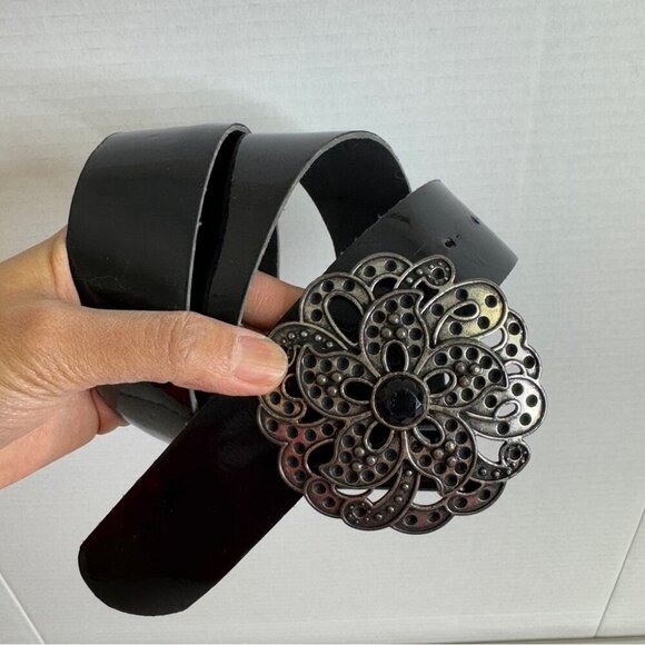 Y2K 90s Antoniazzi Firenze Genuine Patent Leather Belt Ornate Floral Buckle S/M - Picture 10 of 11